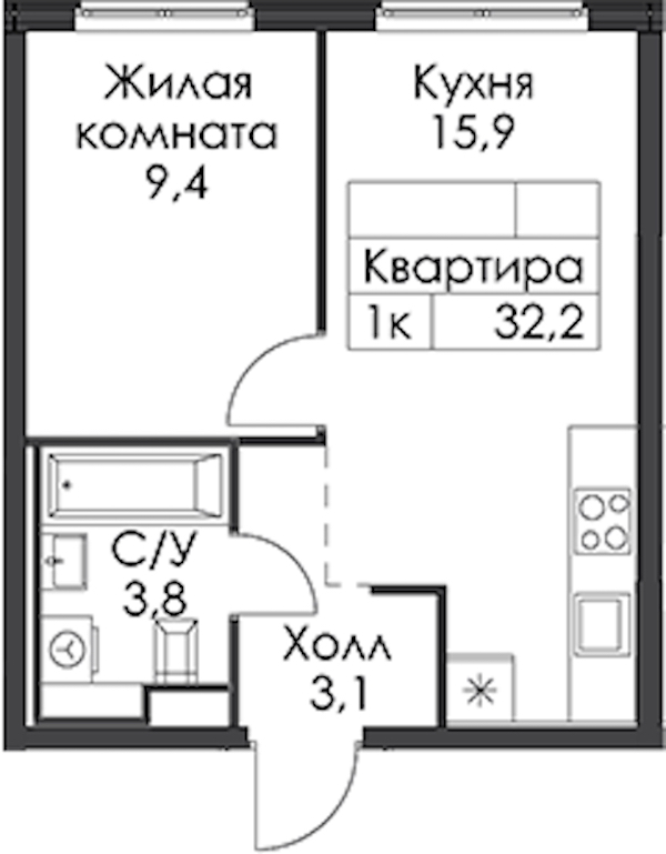 1-комнатная квартира 32.2 м², 10/24 эт., ЖК «Заречный парк»